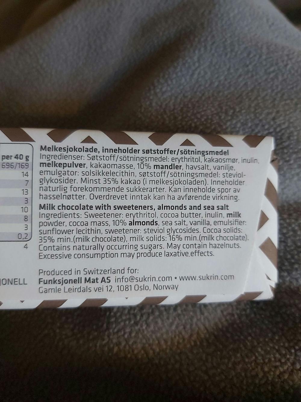 Ingrediensliste - Milk chocolate almonds & sea salt , Funksjonell mat