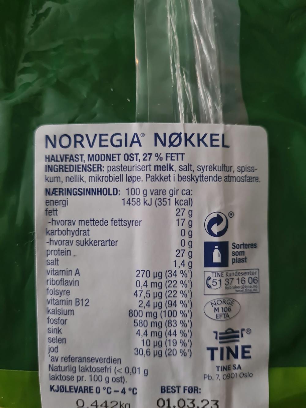 Ingrediensliste - nøkkelost, norvegia