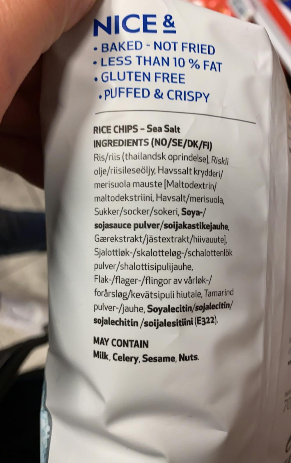 Ingredienslisten til Rice chips sea salt, Nice &