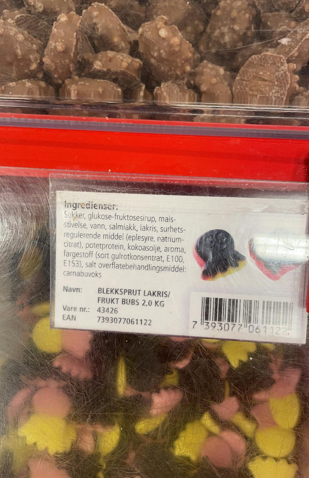 Ingredienslisten til Blekksprut lakris/frukt bubs