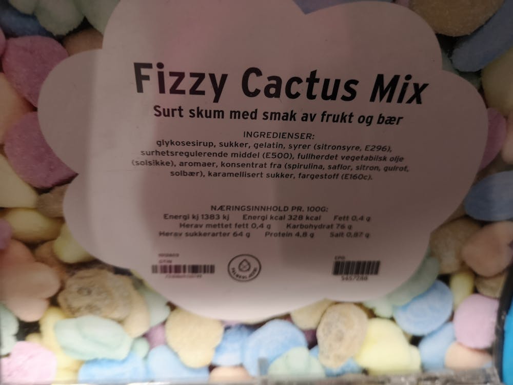 Ingredienslisten til Candy King Fizzy cactus mix