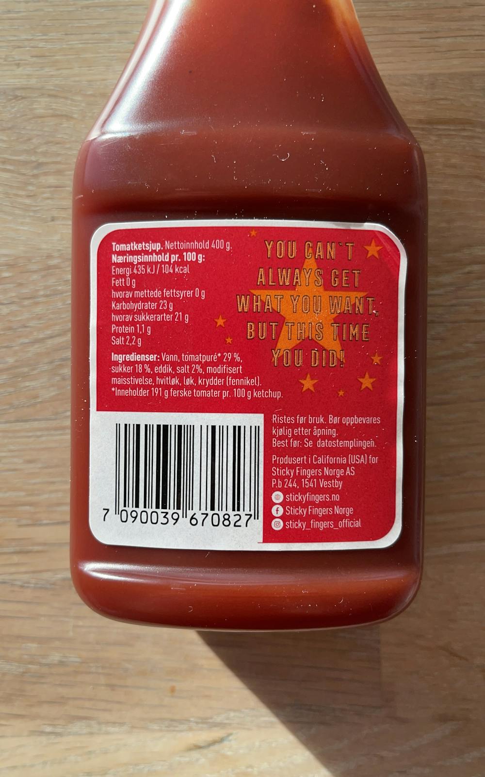 Ingredienslisten til Classic ketchup, Sticky fingers