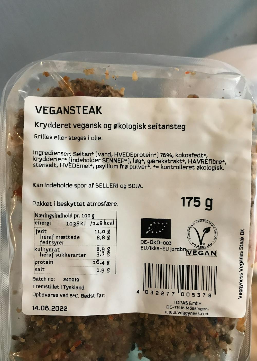 Ingrediensliste - Vegansteak, Veggyness