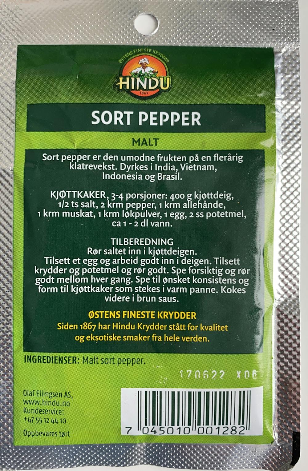 Ingredienslisten til Sort pepper, malt, Hindu