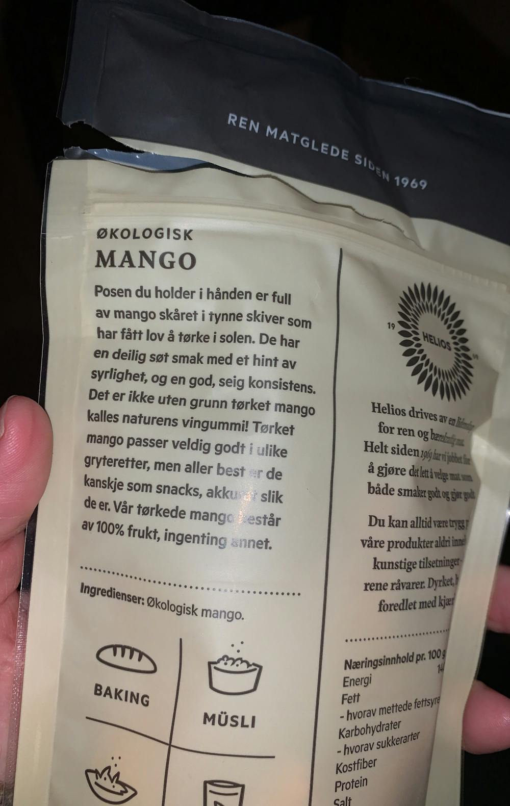 Ingredienslisten til Økologisk mango, Helios