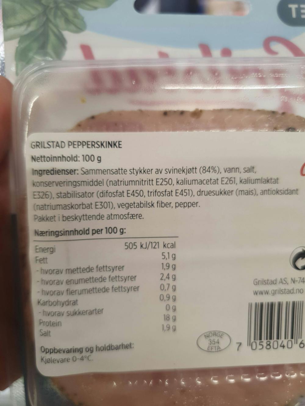 Ingrediensliste - Pepperskinke, Grilstad