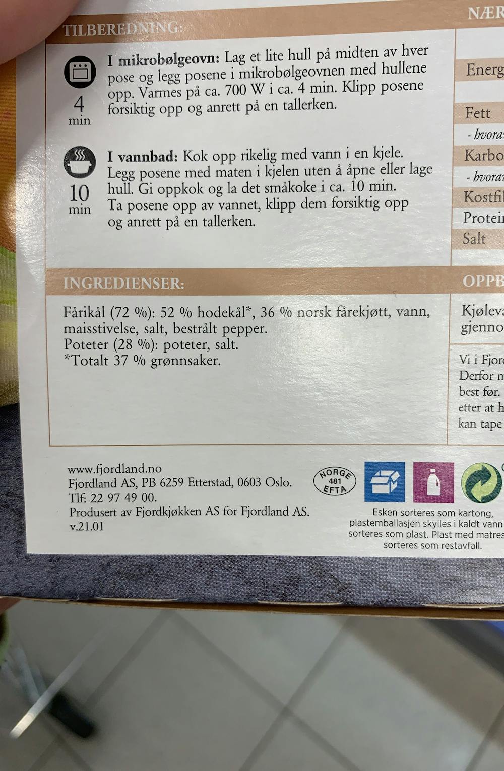 Ingredienslisten til Fårikål, Fjordland