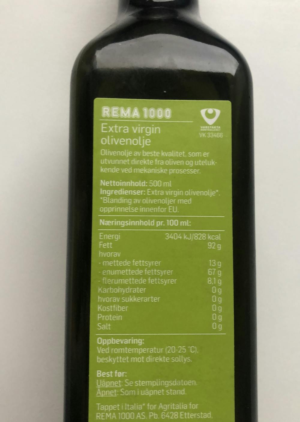 Ingrediensliste - Olje - extra virgin, Rema 1000