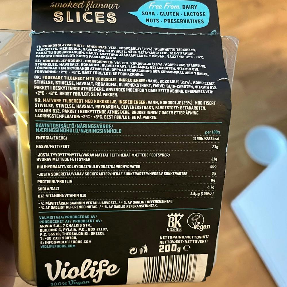 Ingrediensliste - Smoked flavour slices, Violife