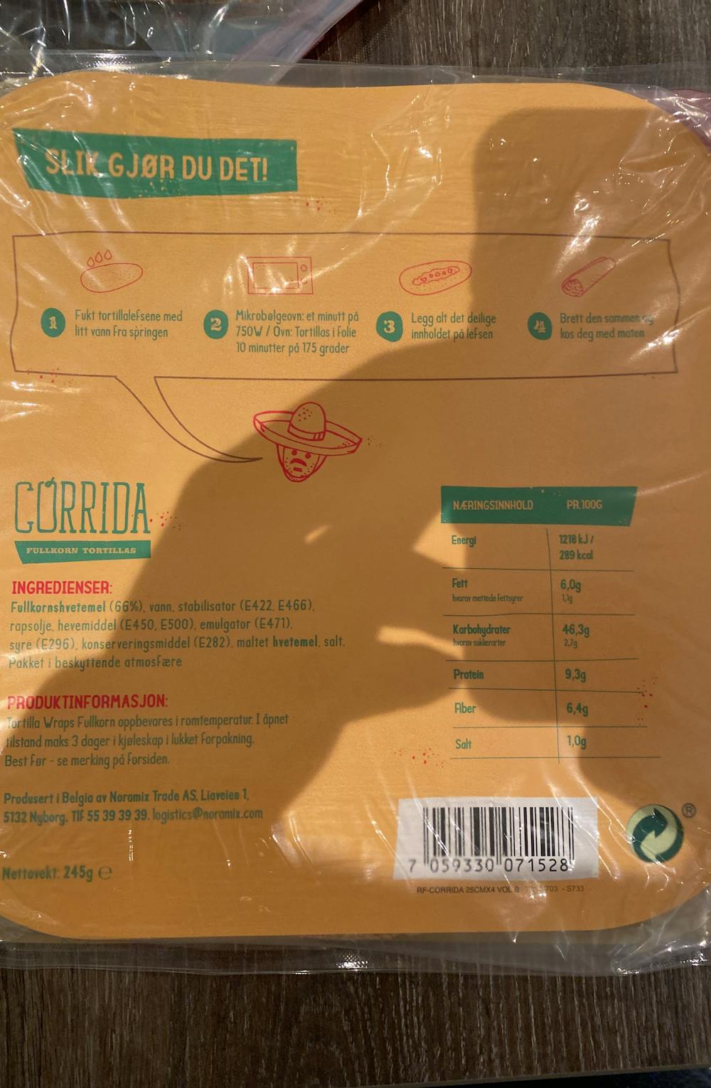 Ingredienslisten til Fullkorn tortillas, Gorrida