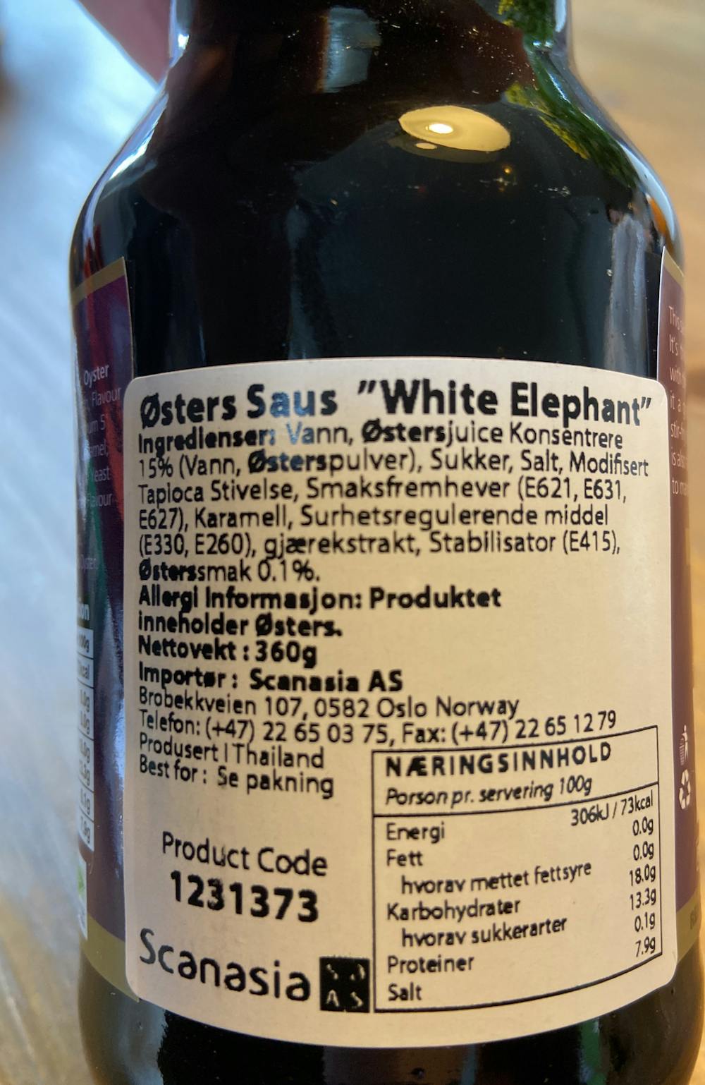 Ingredienslisten til White elephant Oyster sauce