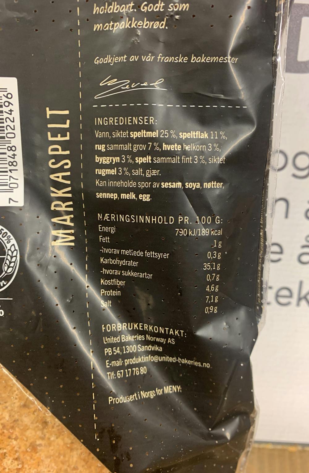 Ingredienslisten til Meny Markaspelt