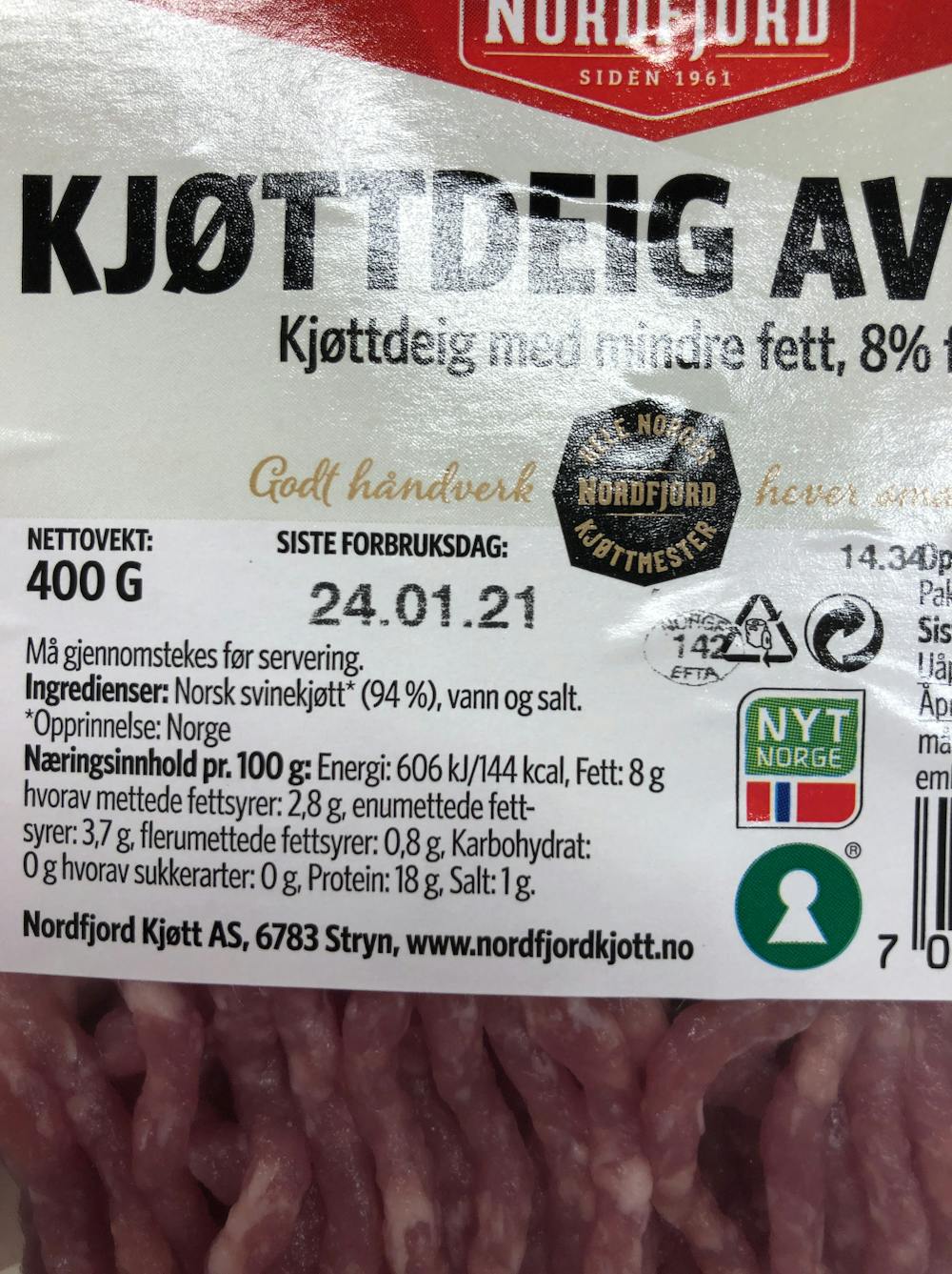 Ingredienslisten til Nordfjord Kjøttdeig av svin