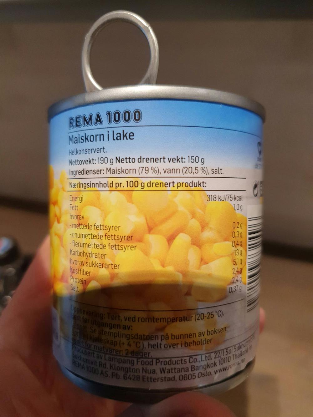 Ingredienslisten til Mais, Rema 1000