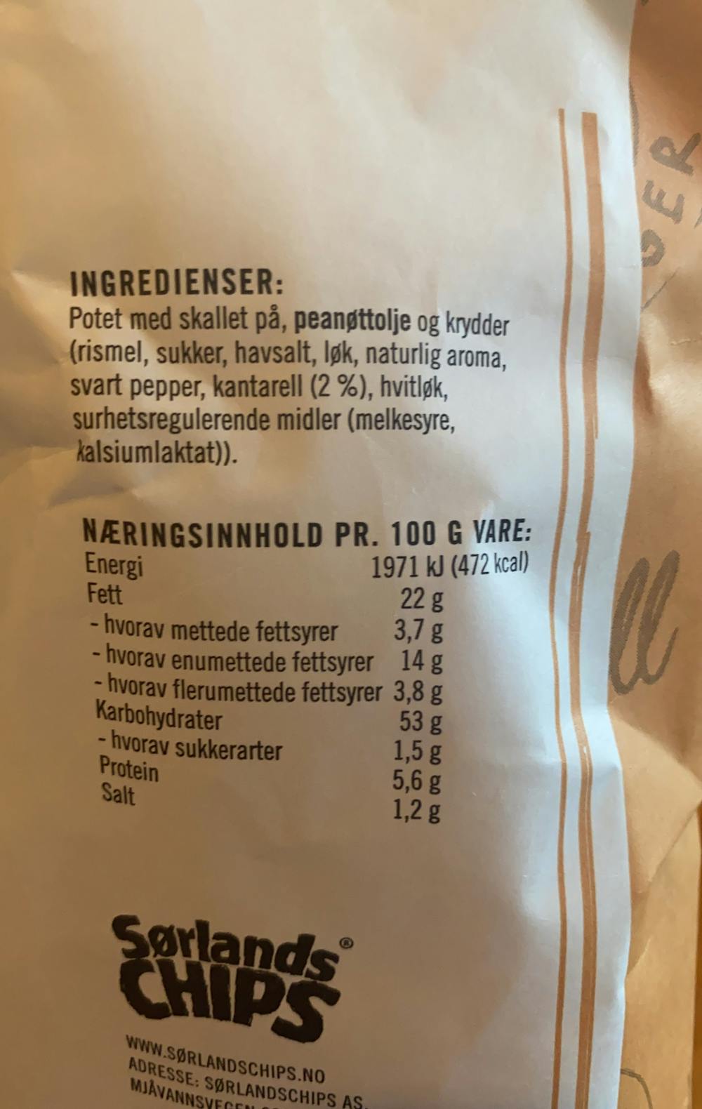 Ingredienslisten til Høstens kantarell, Sørlandschips