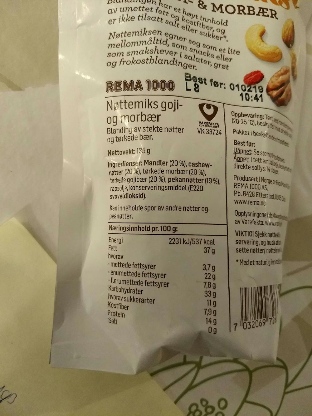 Ingredienslisten til Rema 1000 Nøttemiks goji- og morbær