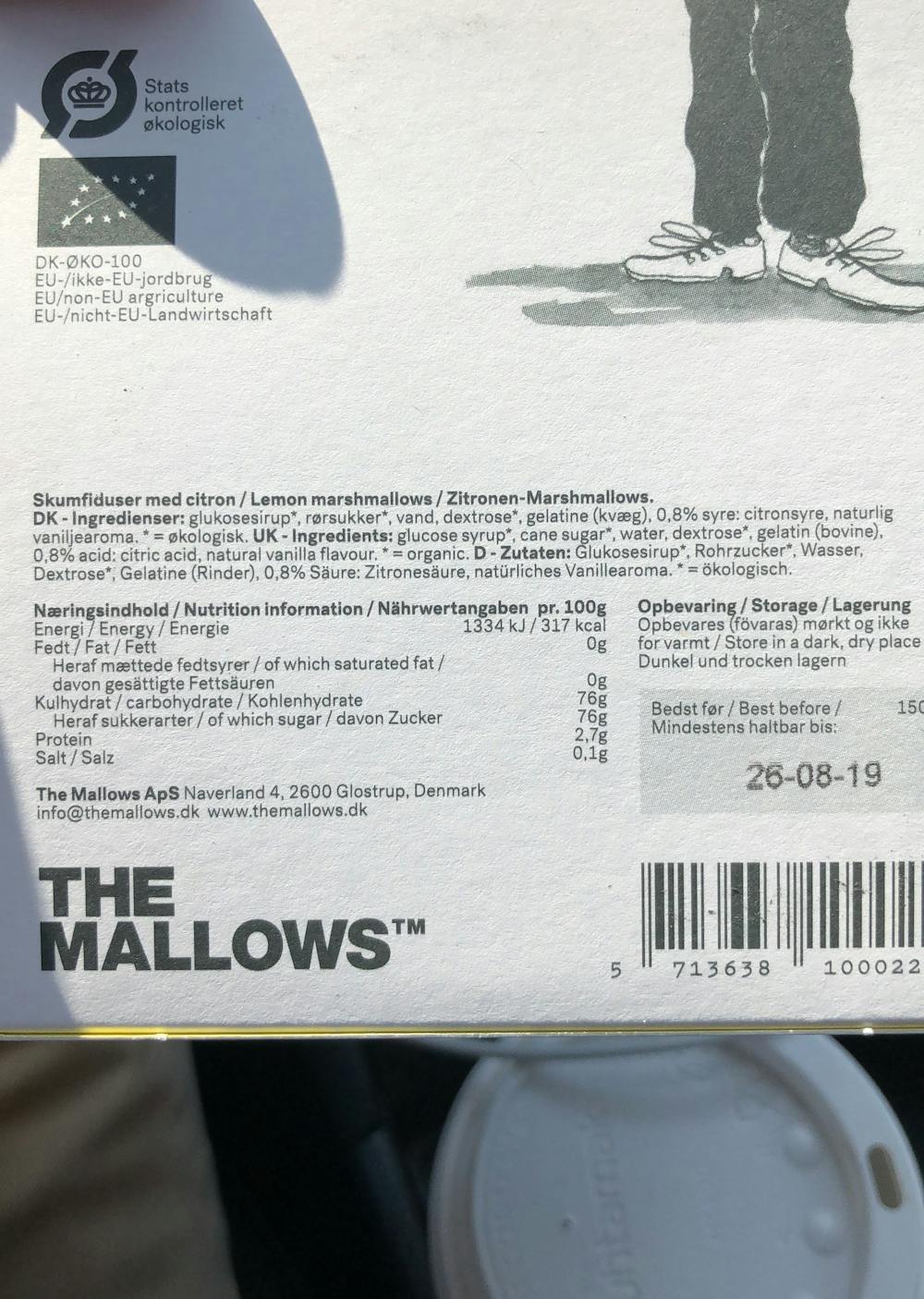 Ingredienslisten til The mallows Handcrafted organic marshmallows
