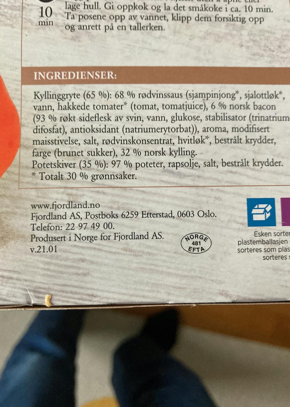 Ingredienslisten til Kyllinggryte coq au vin, Fjordland