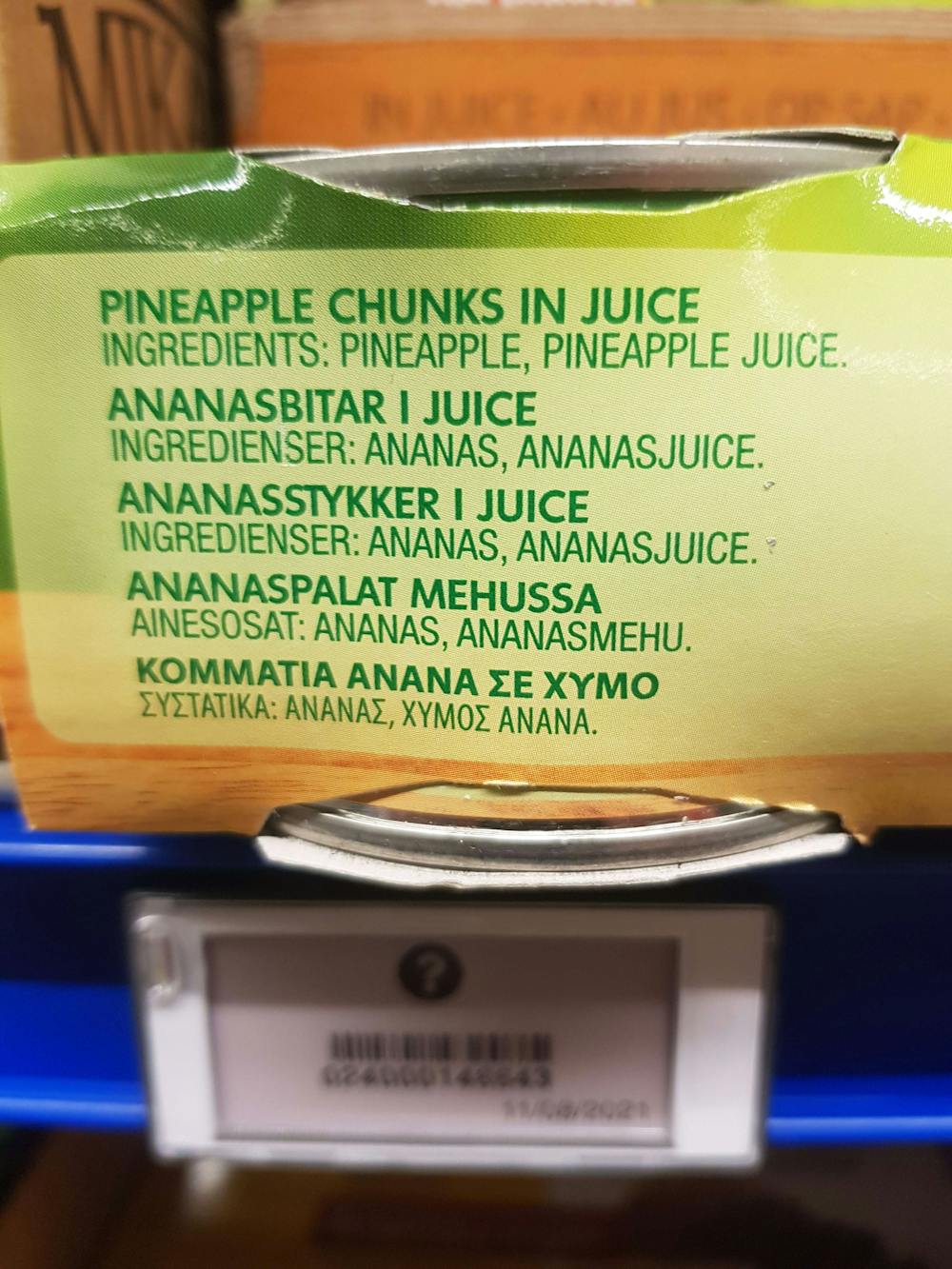 Ingredienslisten til Pineapple chunks in juice, Del Monte