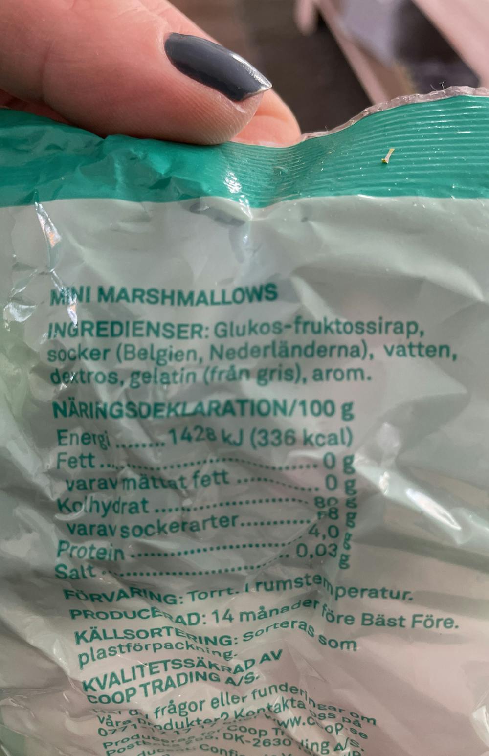 Ingredienslisten til Mini marshmallows, Coop