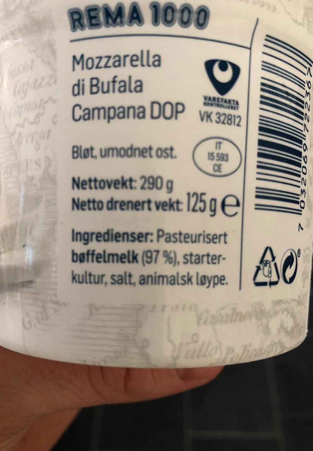 Ingredienslisten til Mozzarella di Bufala Campana DOP, Rema 1000