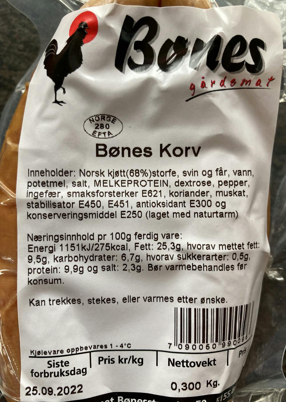 Ingrediensliste - Bønes Korv, Bønes gårdsmat 