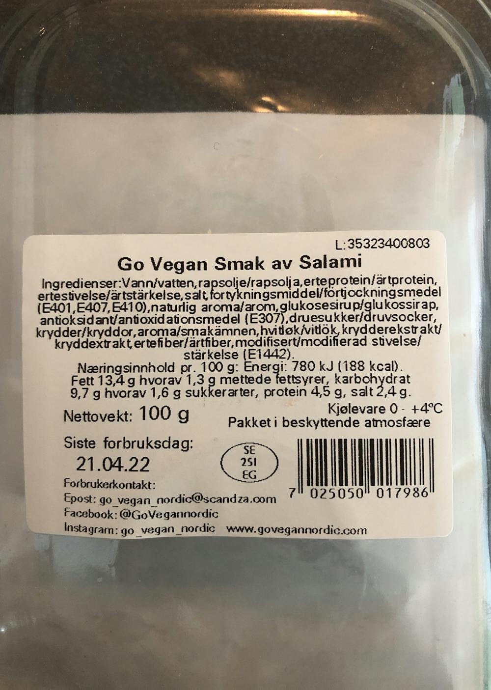 Ingrediensliste - Smak av salami , Go` vegan 