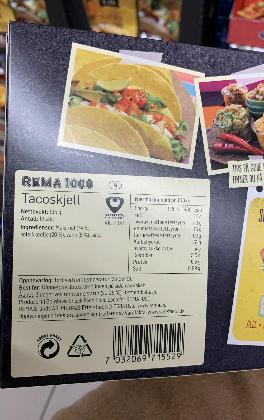 Ingredienslisten til Taco shells, Rema 1000