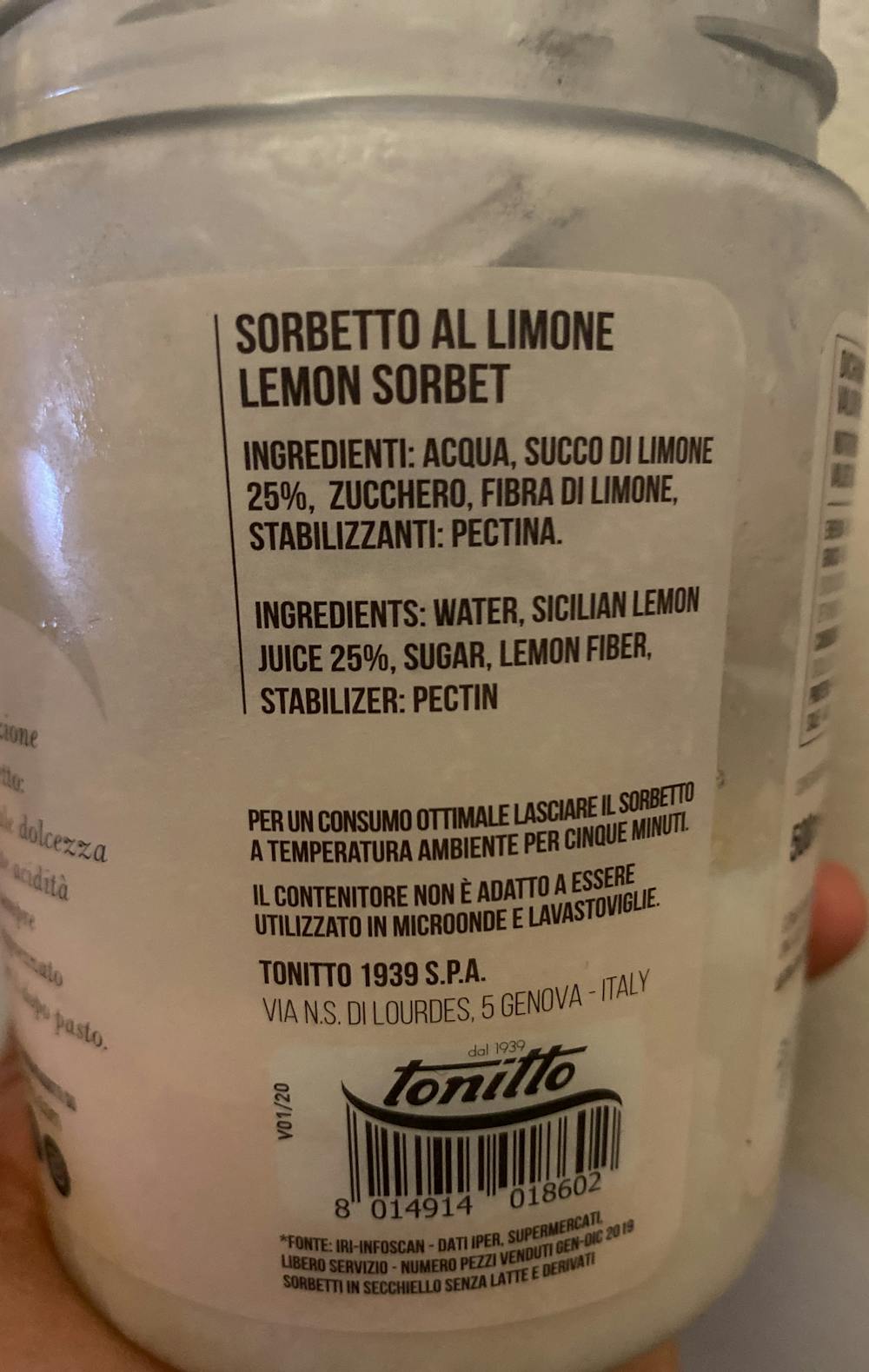Ingredienslisten til Tonitto Il sorbeto, limone