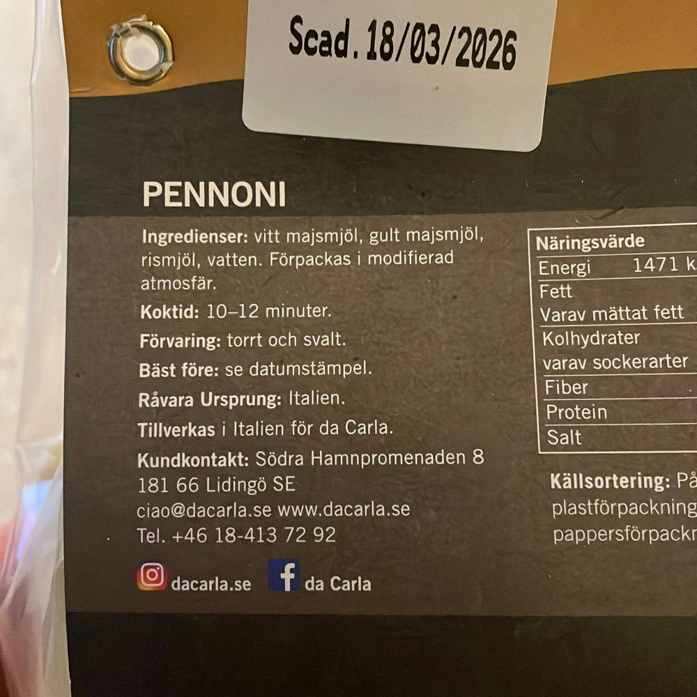 Ingrediensliste - Pennoni majs & ris, Da Carla