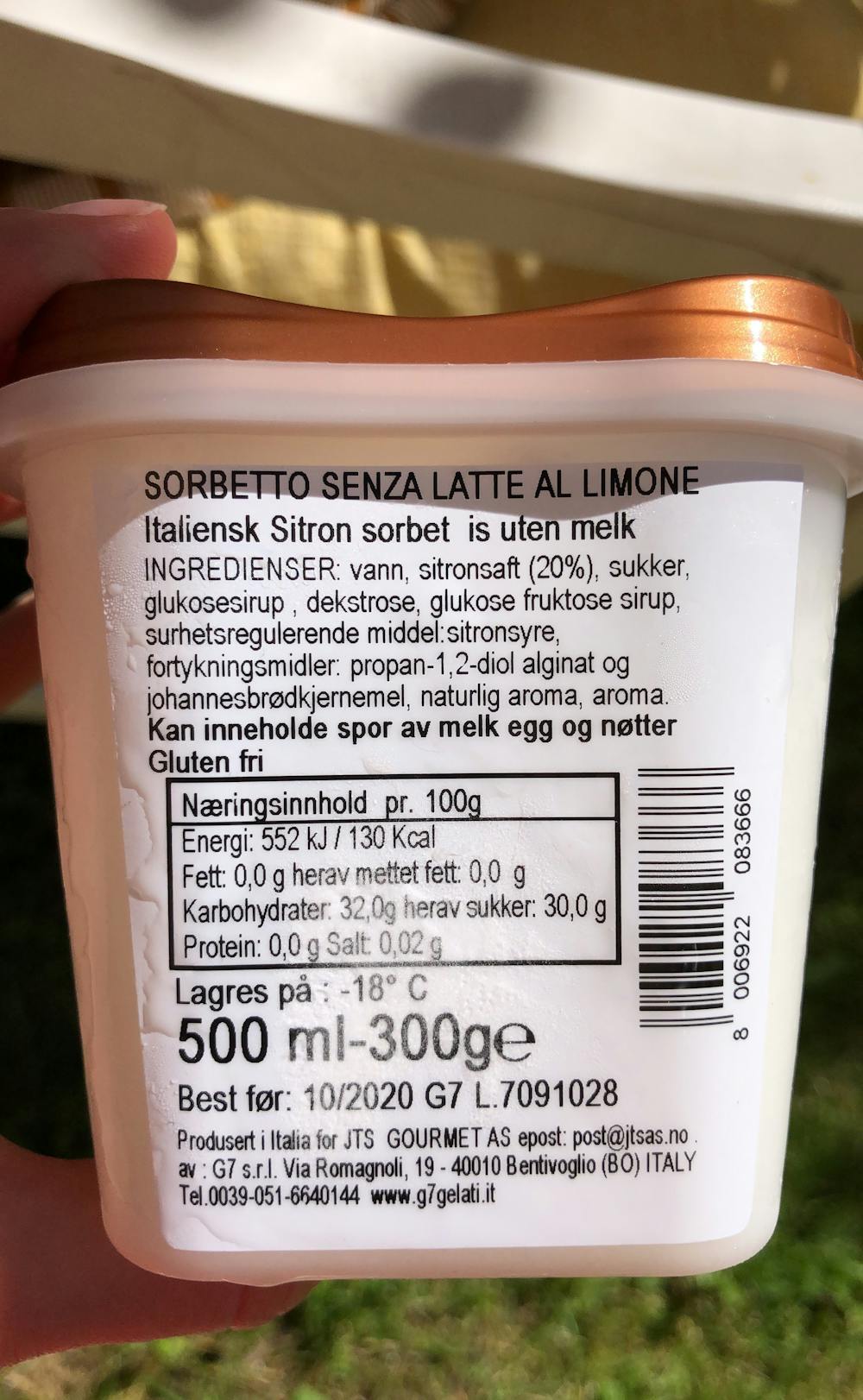 Ingredienslisten til Il gelataio G7 Sorbetto sensa latte