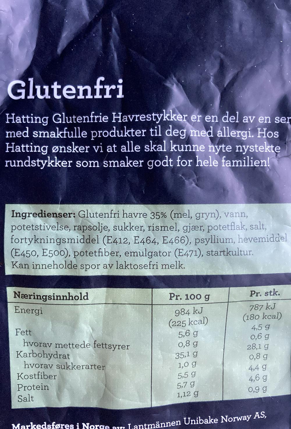 Ingrediensliste - Glutenfri havrestykker, Hatting