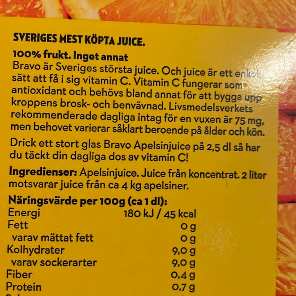 Ingrediensliste - Apelsinjuice, Bravo