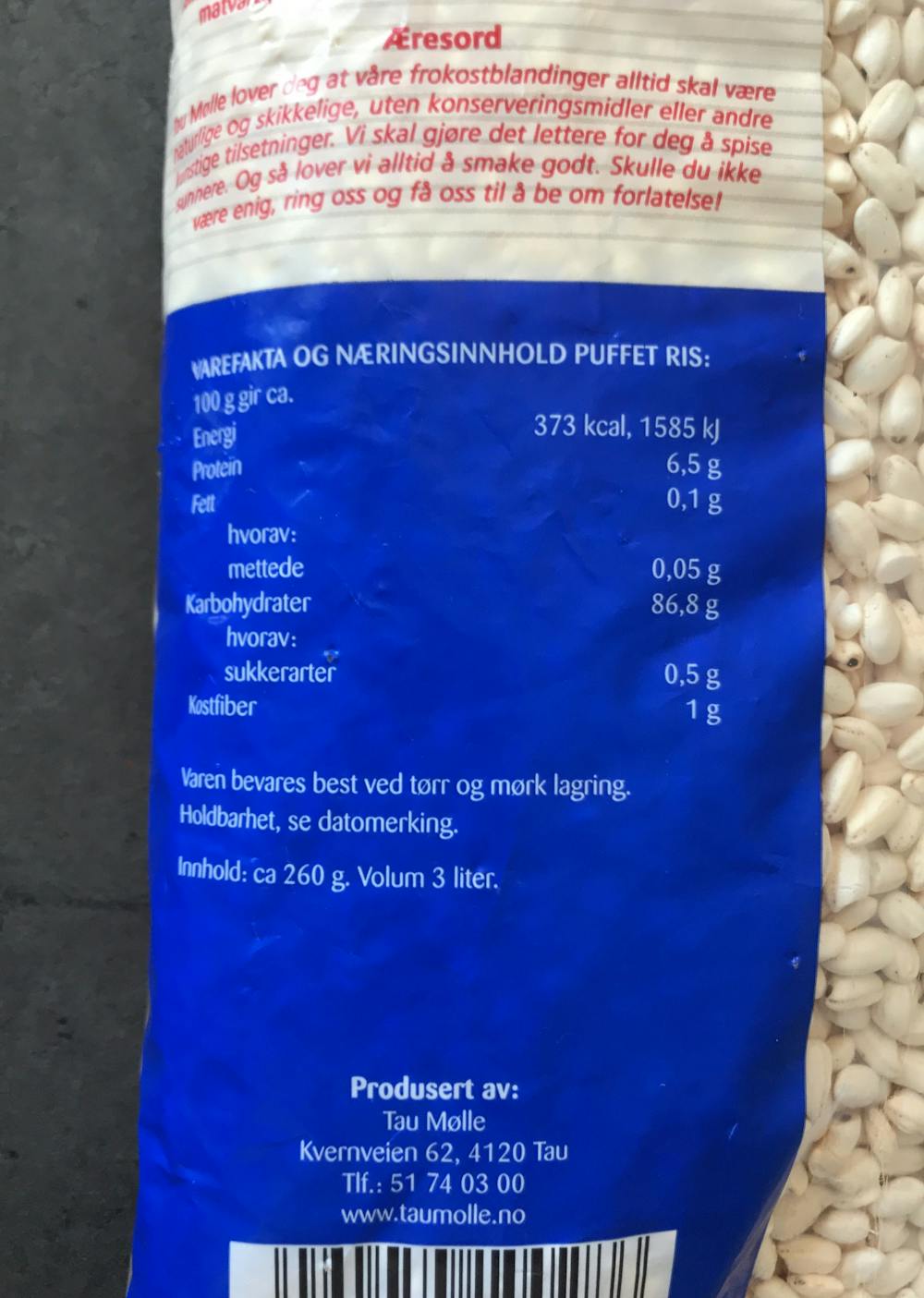 Ingredienslisten til Tau Mølle Puffet ris