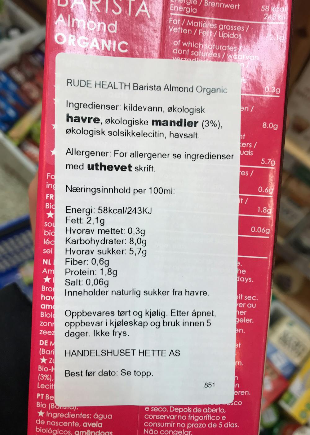 Ingrediensliste - Barista almond organic, Rude health