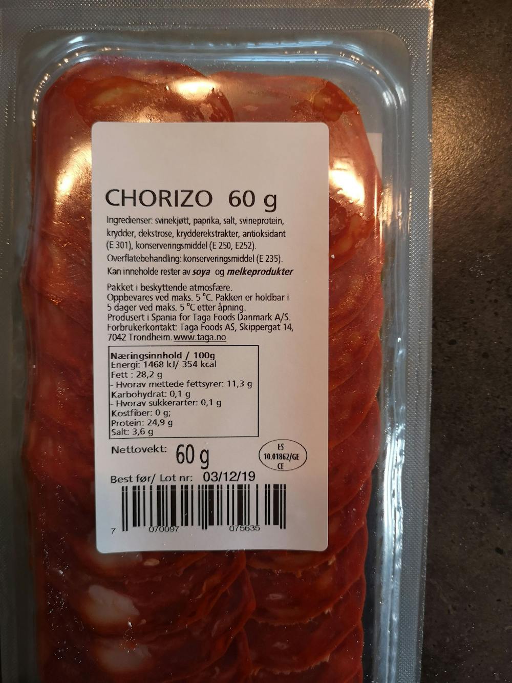 Ingredienslisten til Taga Spansk chorizo