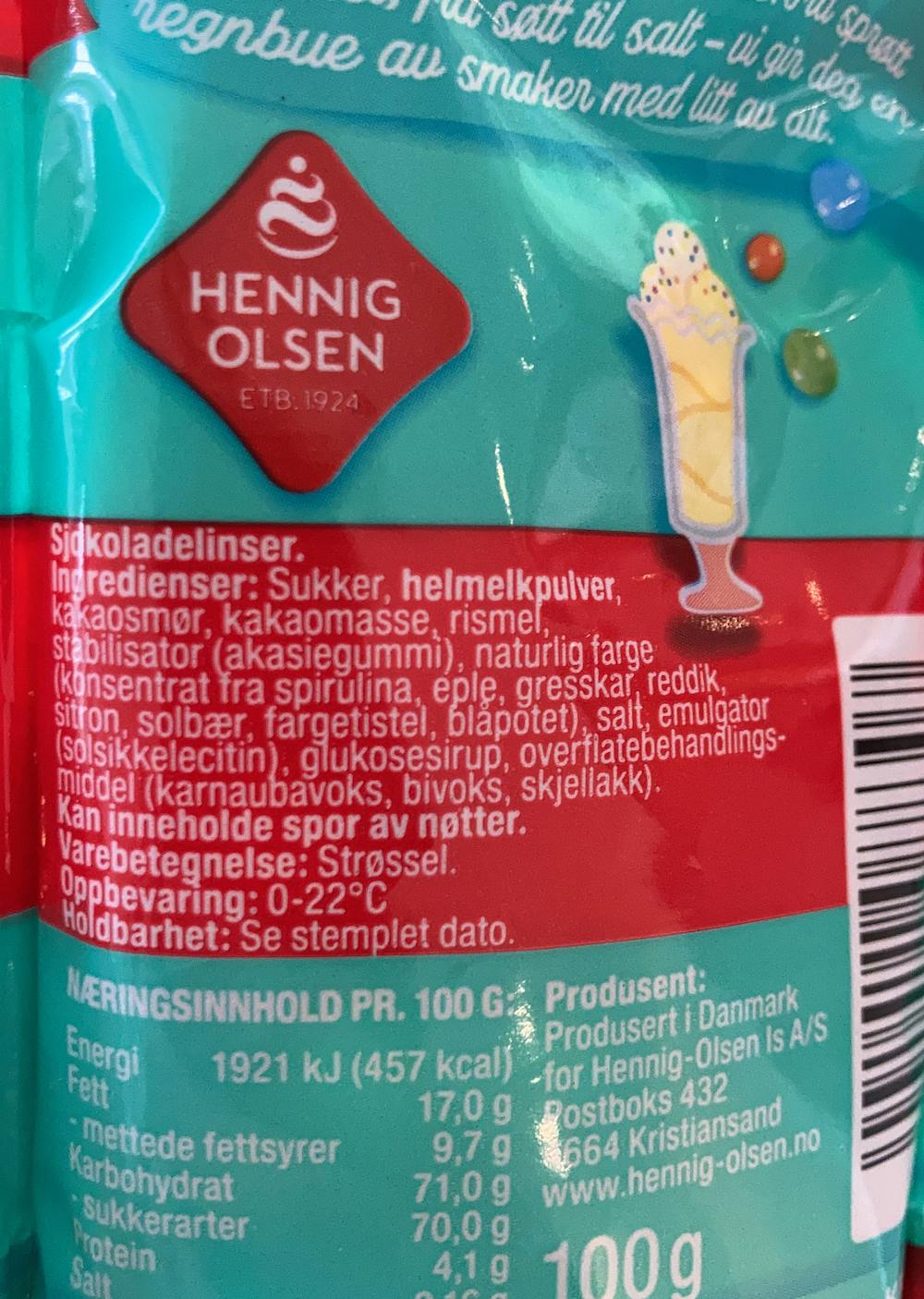 Ingredienslisten til Sjokoladelinser, Hennig-Olsen