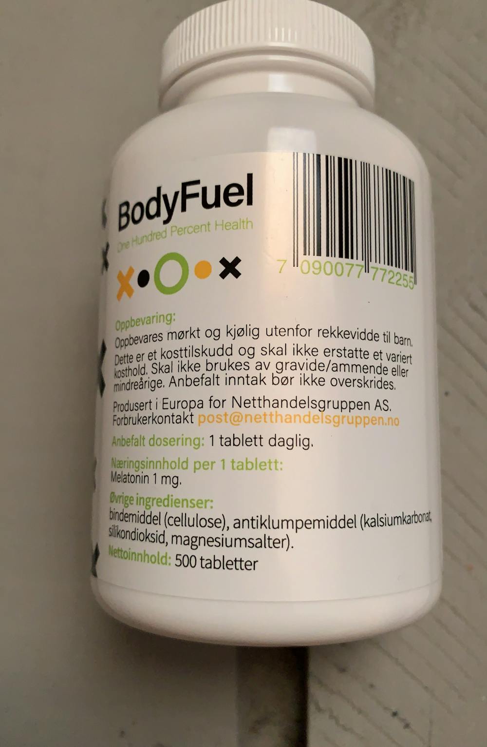 Ingrediensliste - Melatonin , BodyFuel 