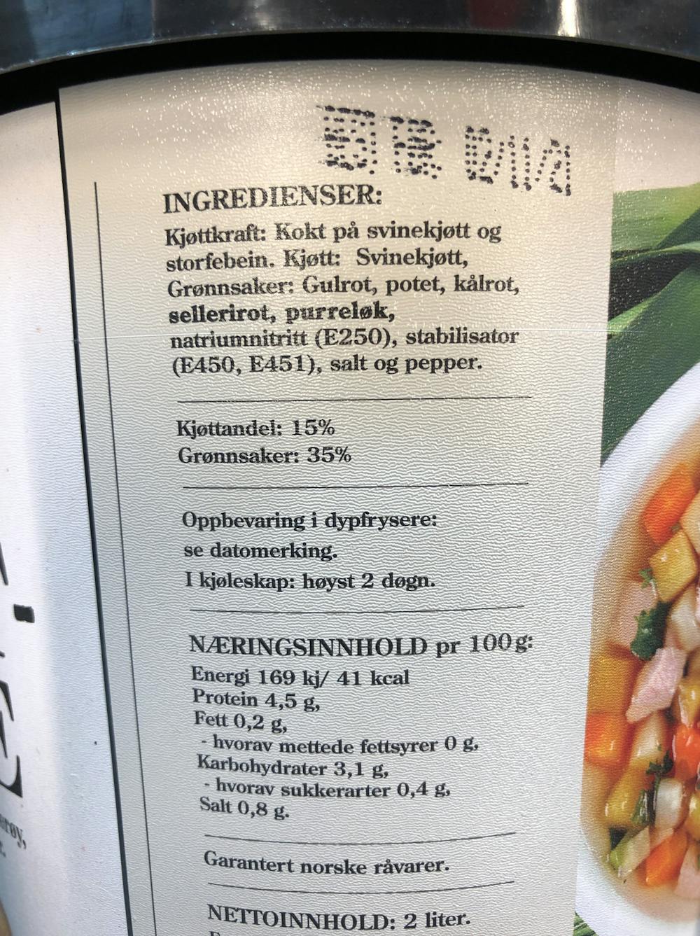 Ingredienslisten til Inderøy slakteri Kjøttsuppe