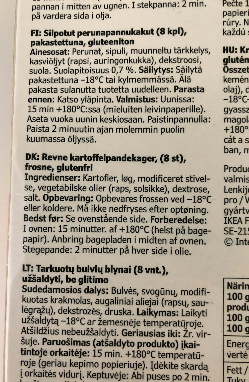 Ingrediensliste - Røsti, IKEA