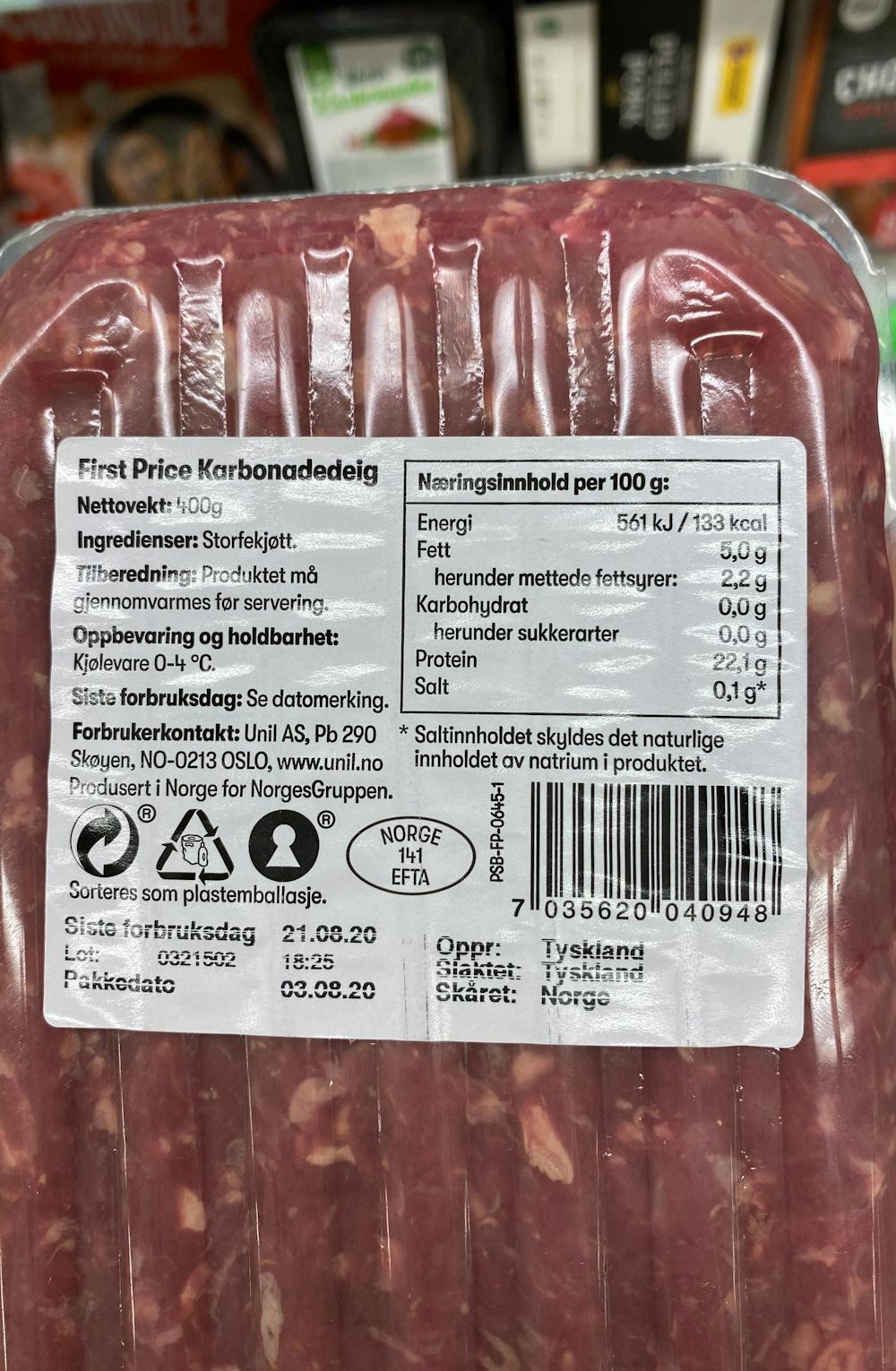Ingredienslisten til Karbonadedeig, First Price