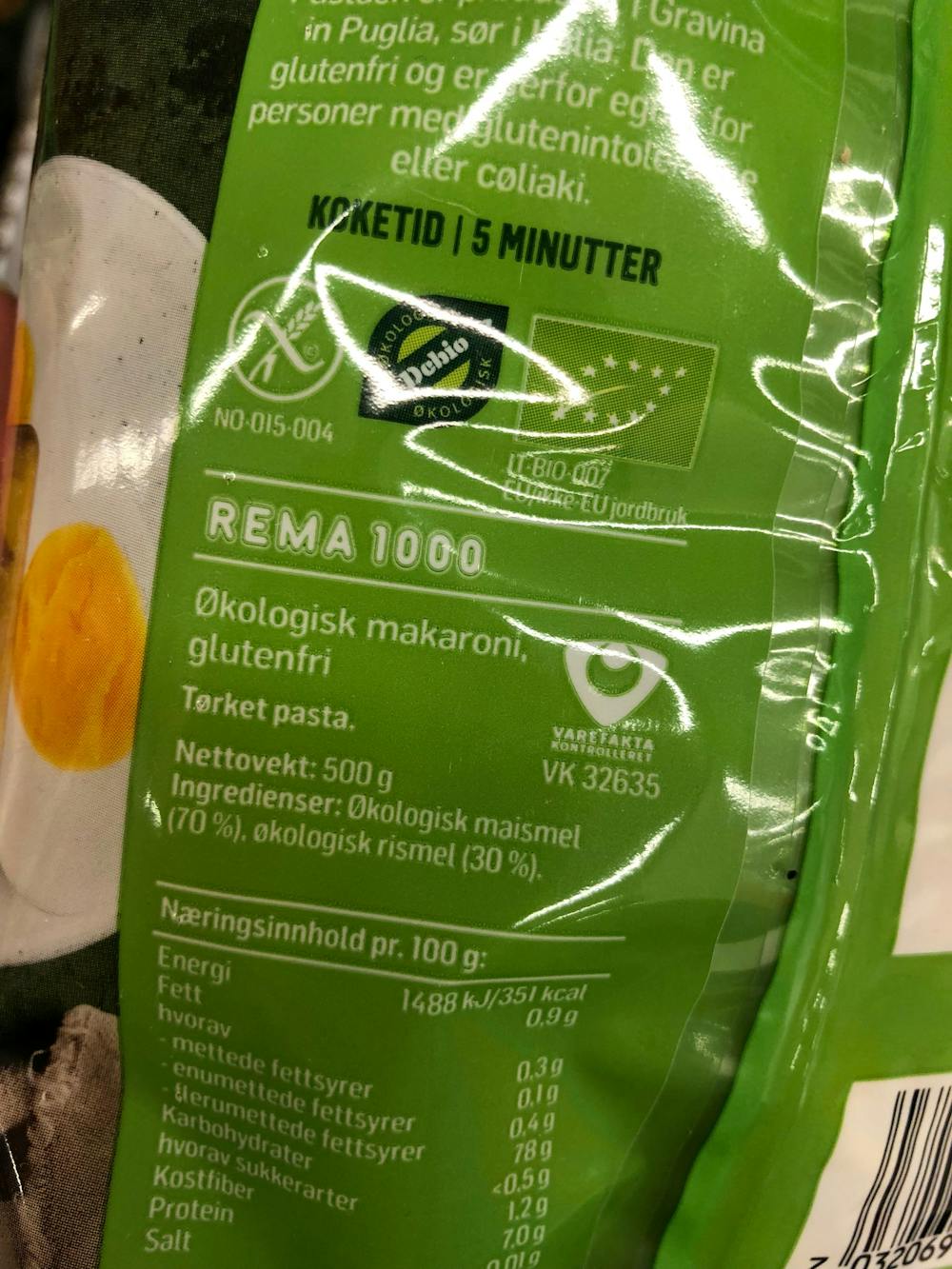 Ingredienslisten til Økologisk makaroni glutenfri, Rema 1000 üten