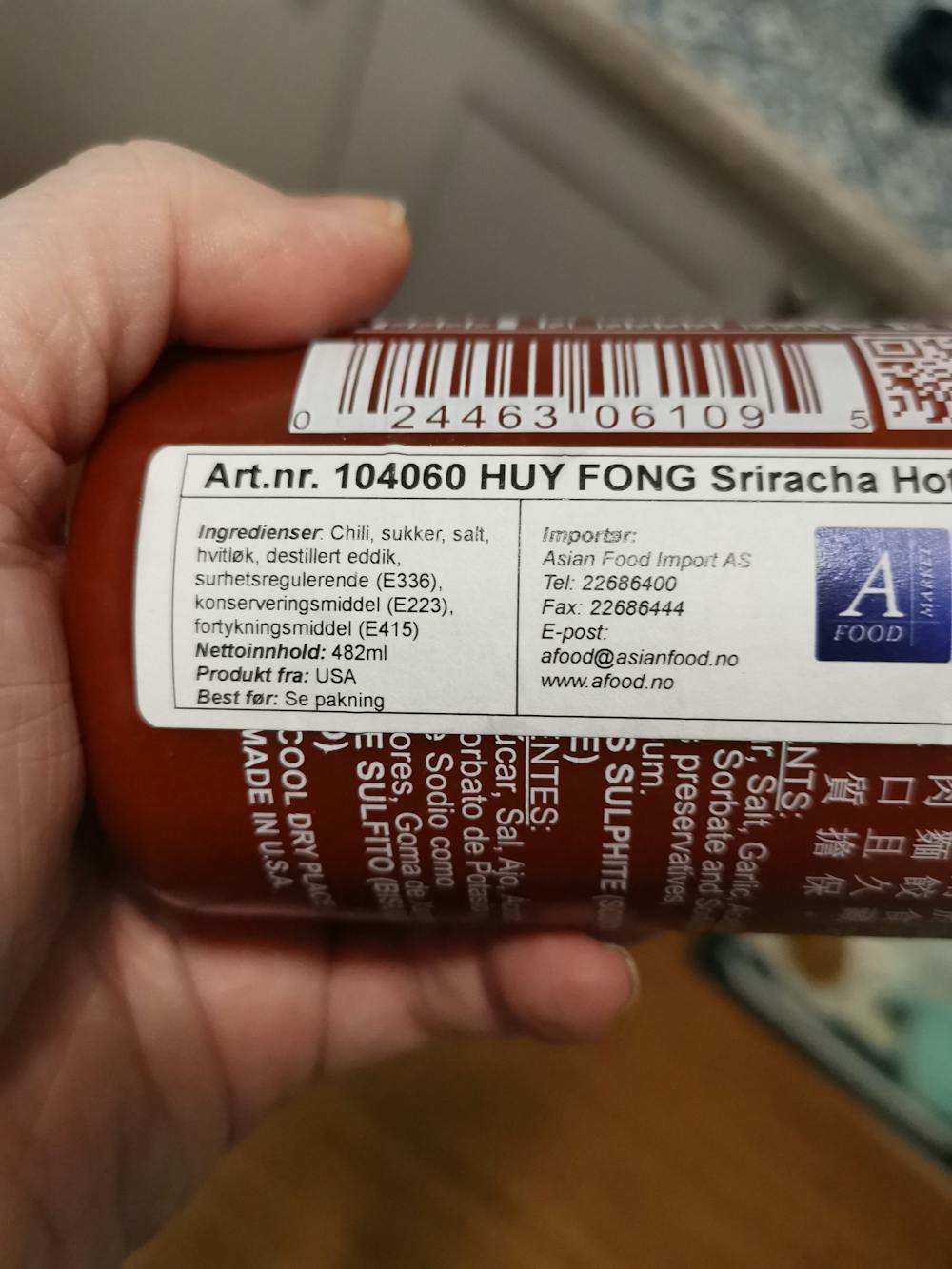 Ingredienslisten til Sriracha hot chili sauce, Huy Fond Foods