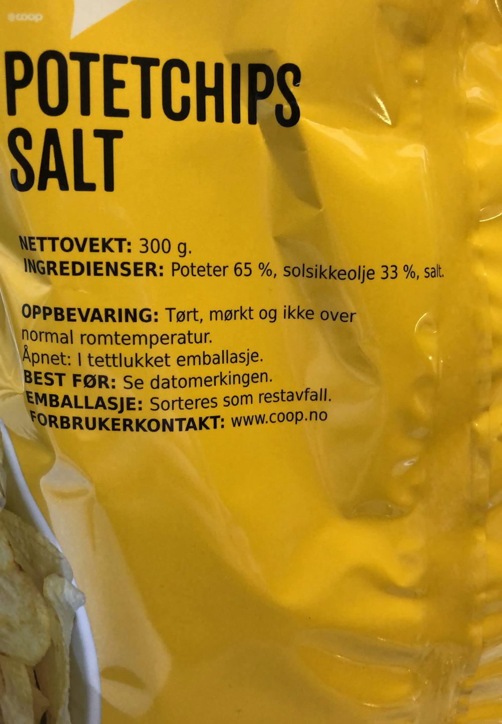 Ingredienslisten til Xtra Potetchips salt