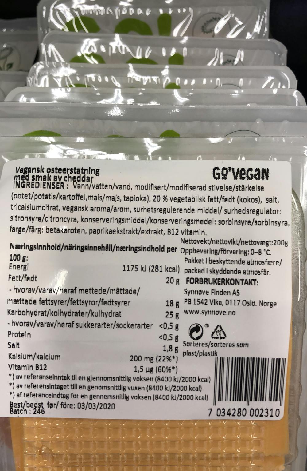 Ingredienslisten til Synnøve Go' vegan smak av cheddar