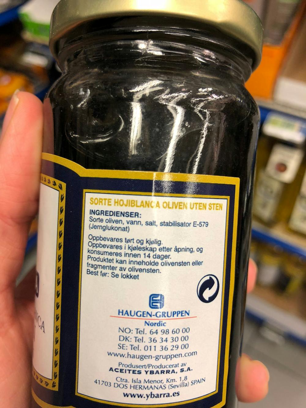 Ingredienslisten til Ybarra Sorte hojiblanca oliven uten sten
