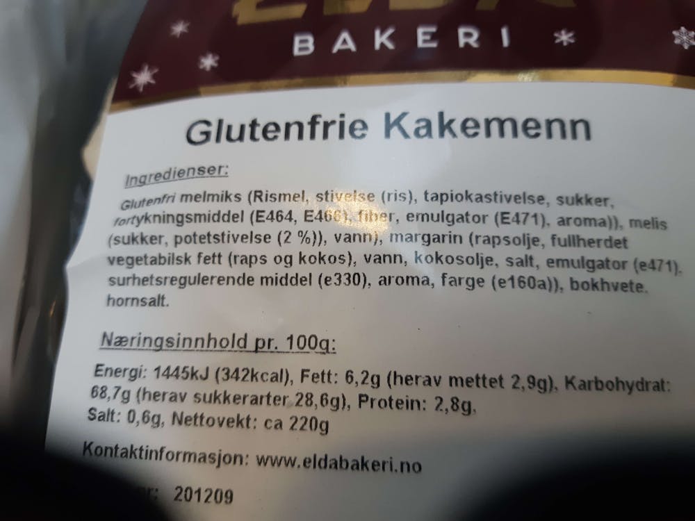 Ingredienslisten til Glutenfrie kakemenn, Elda bakeri