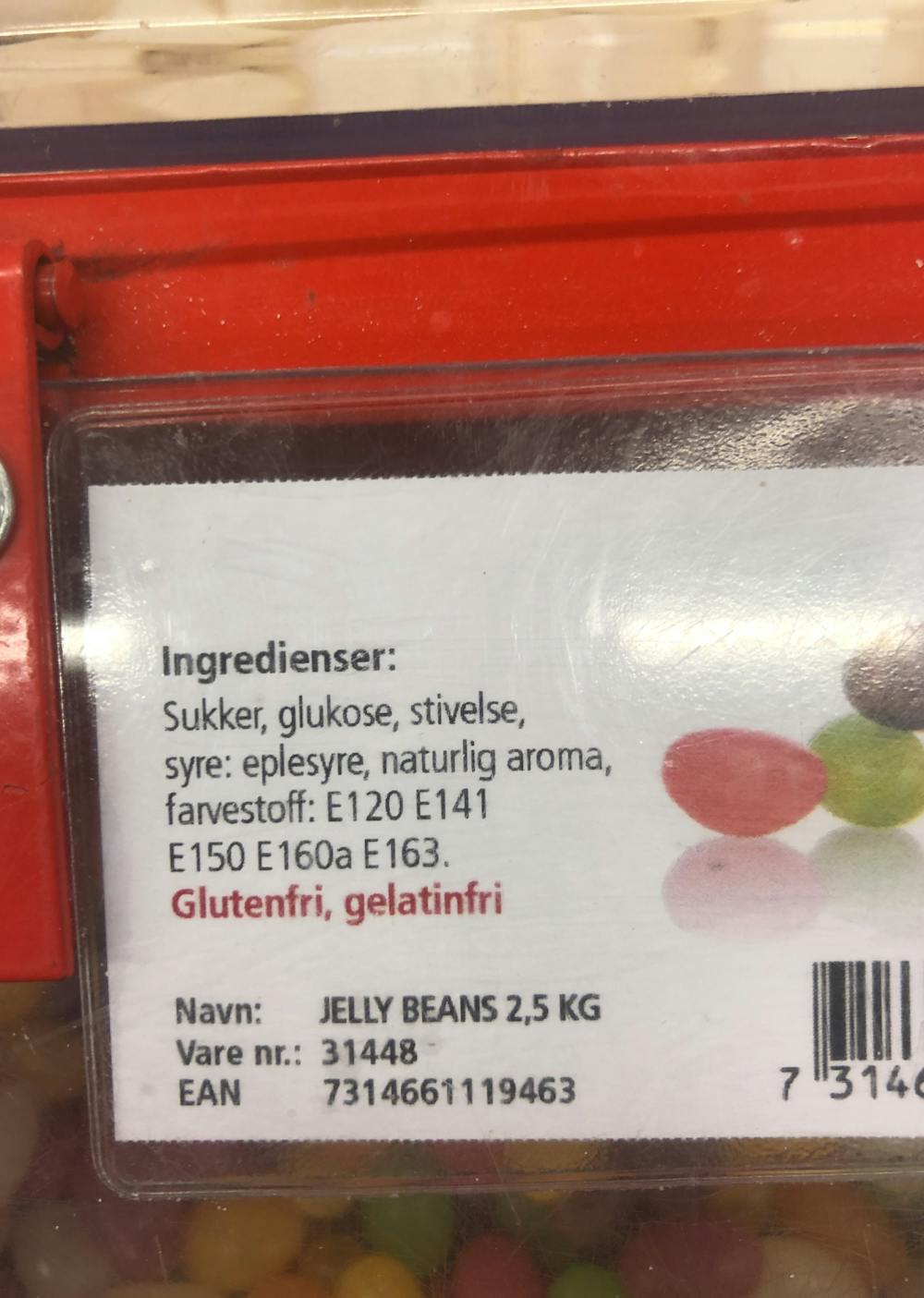 Ingredienslisten til Jelly beans