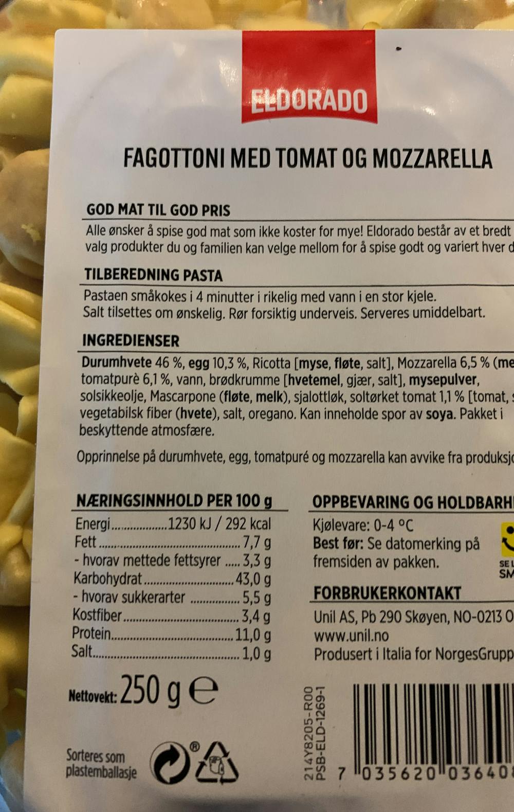 Ingredienslisten til Eldrorado Fagottoni, tomat og mozzarella