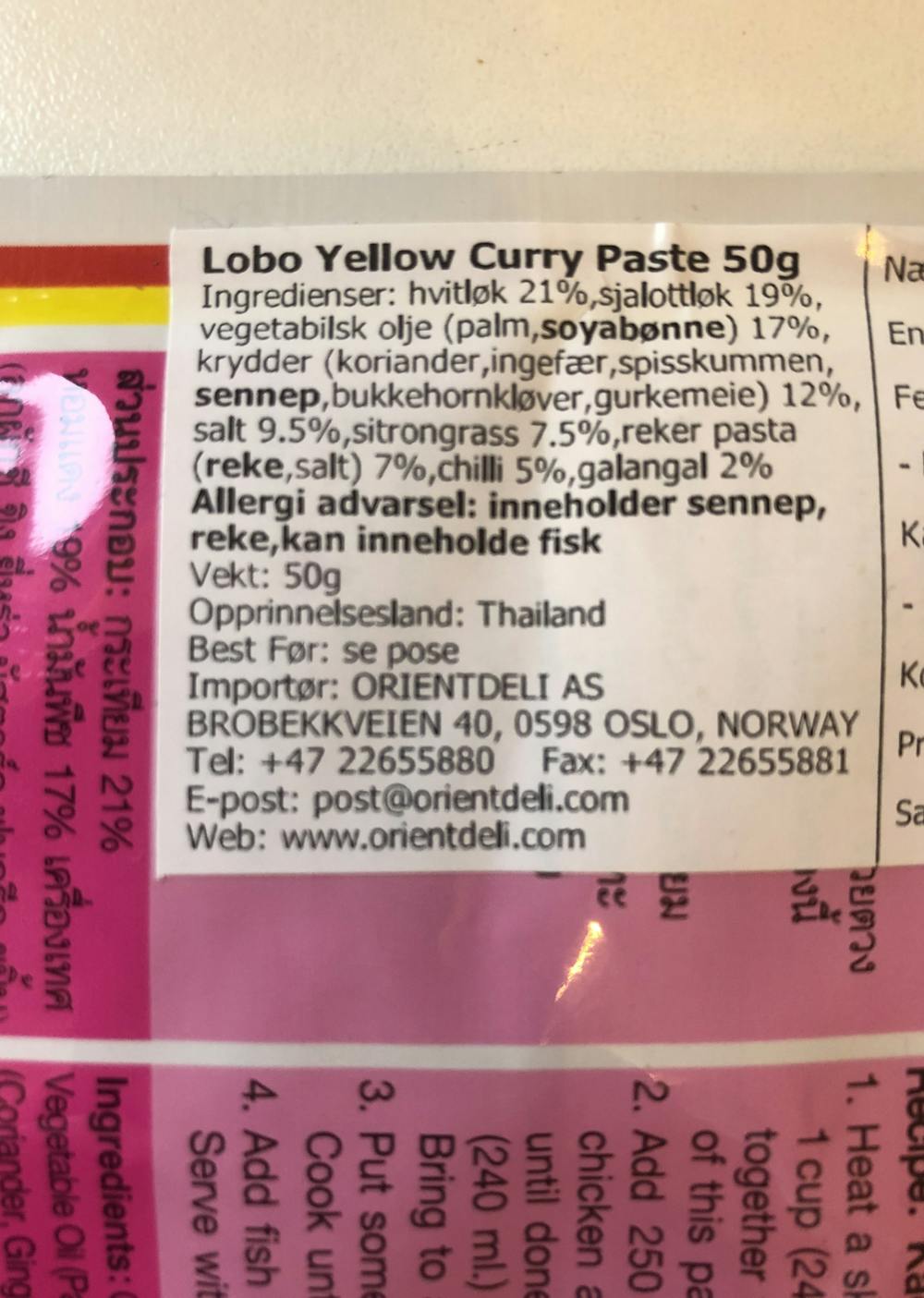 Ingredienslisten til Lobo Yellow curry paste